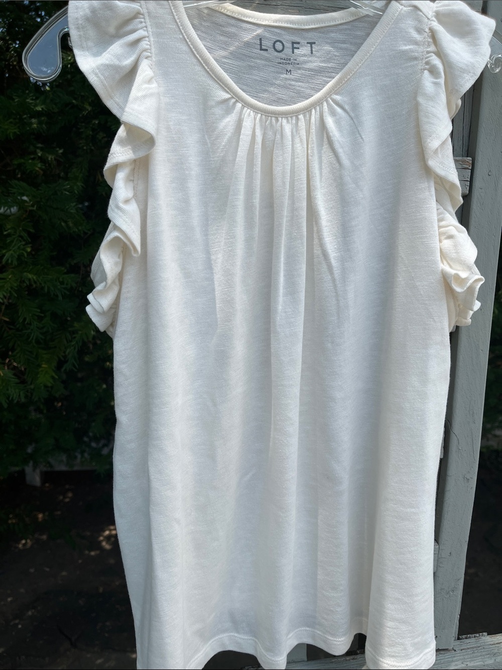 LOFT Cream Ruffle Sleeve Scoop Neck Top